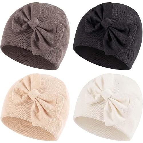 4 Pack Newborn Baby Hats with Bow,Beanies for Babies Boys Girls,Soft Cute Baby Hats 0-3 Months