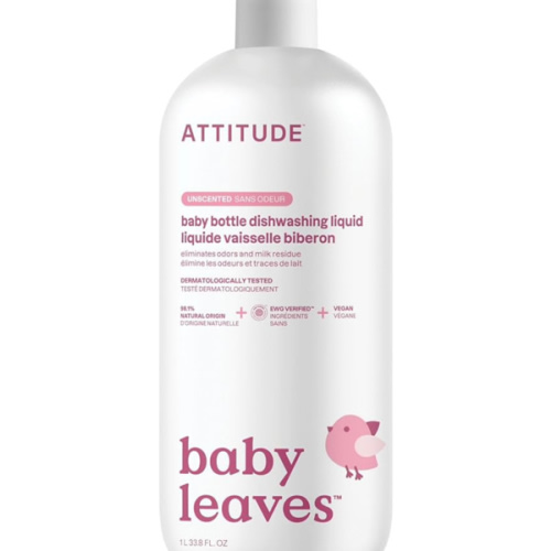 ATTITUDE Baby Dish Soap and Bottle Cleaner, EWG Verified Dishwashing Liquid, No Added Dyes or Fragrances, Tough on Milk Residue and Grease, Vegan, Unscented, 33.8 Fl Oz