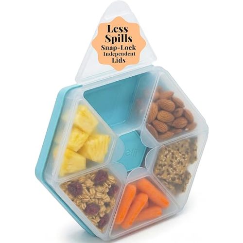 melii Hexagonal Snackle Box | 6 Compartment Snack Container with Individual Snap-Lock Lids, Easy-Grip Design for Kids & Adults, Portion-Control Food Storage for Lunch, Travel & On-the-Go (Blue)