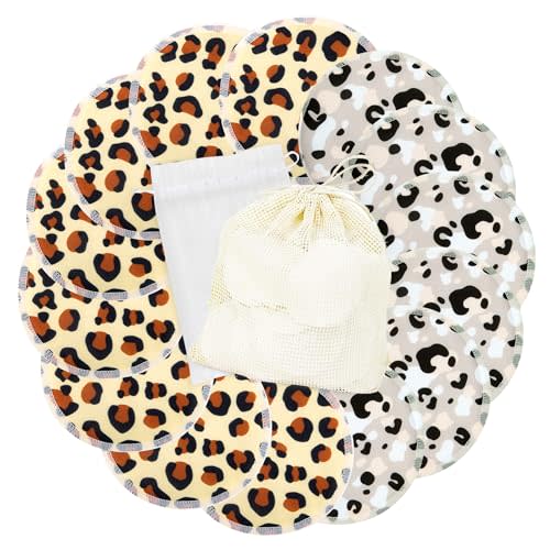wegreeco Nursing Breast Pads (14 Pack) + Laundry Bag & Travel Storage Bag, 4.7 inch Option - Washable & Reusable Breastfeeding Nursing Pads (Cheetah Print, Large, Plain Shape)