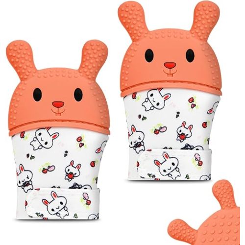 2Pack Silicone Teething Mitt, Rabbit Baby Teething Toy for 0-6 6-12 Months, Food Grade Silicone Infant Teething Mitten, BPA-Free Baby Chew Toys for Pain Relief, Sucking Needs