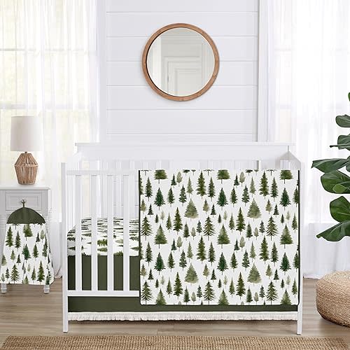 Sweet Jojo Designs 4-Piece Baby Crib Bedding Set (Sage Green Woodland) for Boys/Girls, Infants/Nursery incl. Blanket, Fitted Sheet, Skirt, Diaper Stacker (Forest Themed, Nature, Pine Tree, Abstract)