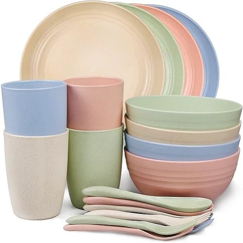 20 PC Wheat Straw Dinnerware Set for 4, Unbreakable Plates Bowls Cups