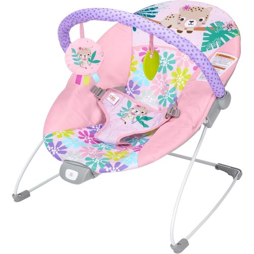 Bright Starts Pink Vibrating Baby Bouncer, Removable Toy Bar with 2 Toys, Nonslip Feet, 0-6 Months Up to 20 lbs (Wildflower Wonders)