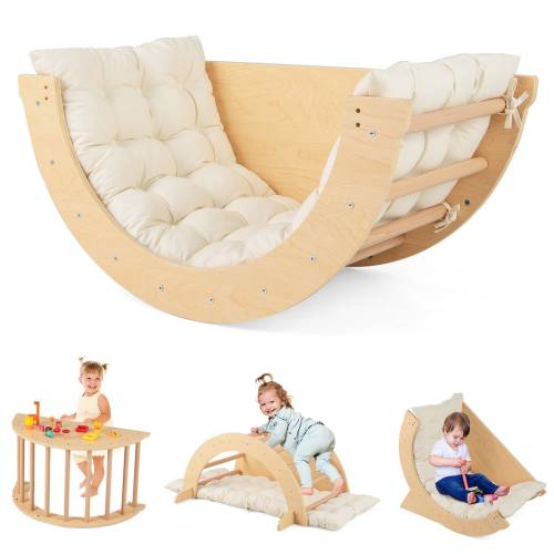 Baby Joy Climb Playset 6 in 1 Climbing Arch Frame w/Removable Cushion Wooden Rocker Table Natural