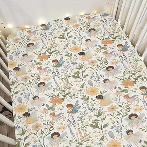 Cute Fairies Flowers Meadow Garden Baby Crib Sheets for Boy Girl 52x28Inch Fantasy Soft Stretchy Fitted Crib Mattress Cover Whimsical Baby Sheet for Standard Crib & Toddler Bed Mattress