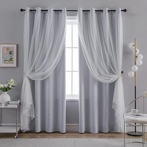 Anytime Home Curtains Blackout and Sheer Layered Window Curtain Panel Pair, 52Wx120L, Greyish White Solid, with Grommet Top