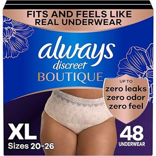 Always Discreet Boutique Incontinence and Postpartum Underwear for Women, Maximum Protection, Extra Large, Rosy, 48 Count (3 Packs of 16)