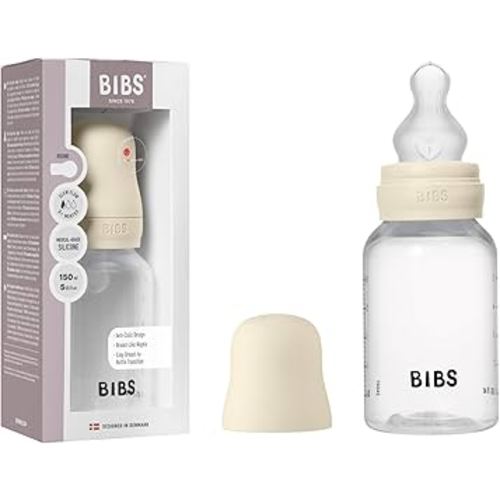 BIBS Baby Bottle 5 oz / 150 ml Silicone Nipple - Anti-Colic, BPA-Free, Round Nipple, Slow Flow, Lightweight & Easy to Clean, Suitable for Newborns 0+ Years - Ivory