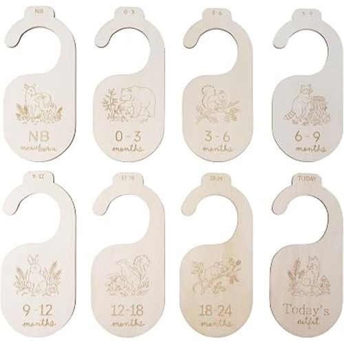 Woodland Animal Baby Closet Dividers - 8-Pack Wooden Hangers for Newborn to 24 Months Size Clothes - Adorable Nursery Decor Hanger Dividers, Cute and Functional Nursery Decor for Boys and Girls