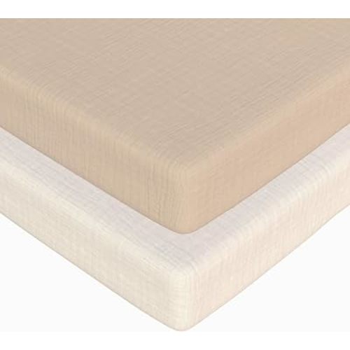Baby Bassinet Sheets Boys –100% Muslin Bassinet Sheets Rectangle, 2 pc Bassinet Mattress Sheets, 32"x16"x 4", Oeko-TEX Certified, Bedside Bassinet Sheet (Beige + Cream)
