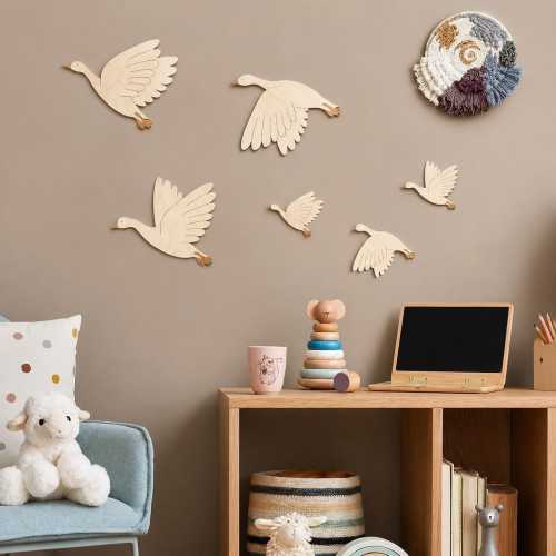 set of 6 Wooden Flying Geese Wall Decor Boho Nursery Art Baby Room Gift Handmade Natural Wood Bird Wall Hanging