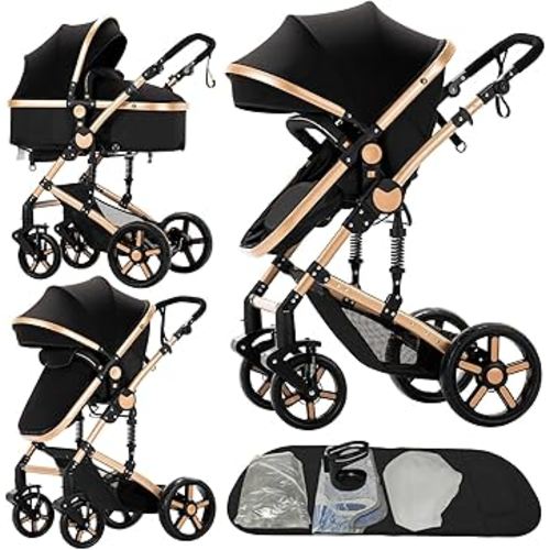 2 in 1 Baby Stroller, Convertible Foldable Standard Stroller, Reversible Pushchair Infant Buggy Carriage, Portable High Landscape Pram for Toddler Newborn, Aluminum Alloy (2US588-BG)