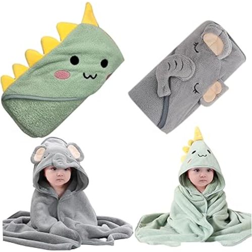 Baby Hooded Towels 2Pcs 32x32'' Soft & Absorbent Kids Bath Towel With Cute Dinosaur Design - Swimming Bathrobe Gifts for Boys Girls Toddlers
