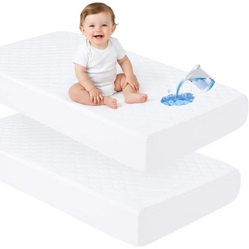 david's kids 2 Pack 52''x28'' Waterproof Crib Mattress Protector Pad Cover Stretch up to 8", Fitted Standard Crib and Toddler Mattresses, Ultra Soft and Breathable for Boys Girls Neutral, White