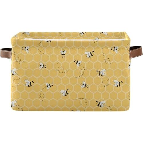 Storage Basket Cube Yellow Animal Bee Honey Comb Large Collapsible Toys Storage Box Bin Laundry Organizer for Closet Shelf Nursery Kids Bedroom,15x11x9.5 in,1 Pack