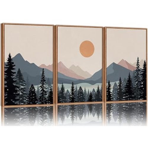 Tinonedraw Boho Mountain Framed Canvas Wall Art Set of 3 16"x24"