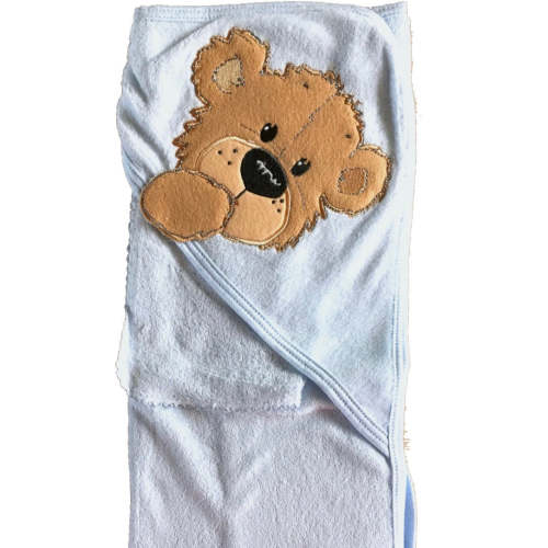 Vintage New Little Suzy's Zoo Blue Infant Baby Hooded Towel & Washcloth Set Boof Brown Bear Appliqué 30" x 26"