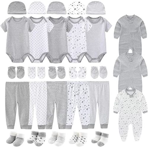 28 Pack Unisex Baby Layette Set Boy Girl Pants+Rompers+Short Sleeve Bodysuits+Hats+Gloves+Socks New Born Outfit