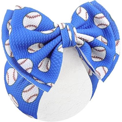 YanJie 7" Baby Girl Baseball Sports Printed Super Large Double Layers Bow Headband Blue Infant Toddler Messy Bow Headwrap Game Hair Accessories Hairband Baseball Game Day Sports Bows for Girls Outfit