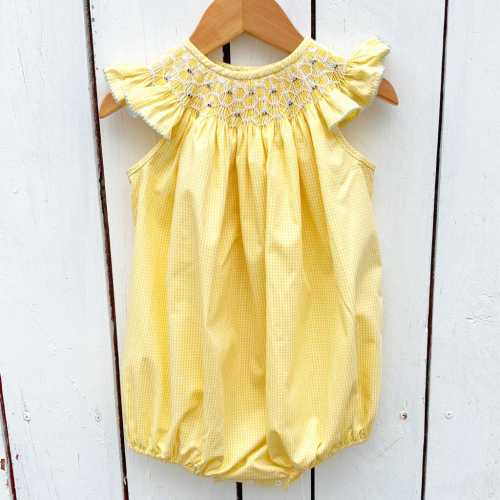 Smocked Honey Bee Bubble Romper: Girls Yellow Gingham Happy BEE Day Birthday Theme Outfit
