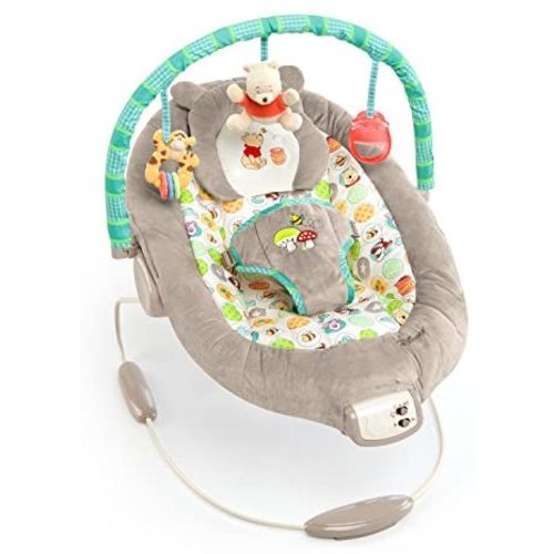 Bright Starts Winnie the Pooh Dots & Hunny Pots Baby Bouncer with Vibrating Infant Seat, Music & 3 Playtime Toys, 23x19x23 Inch