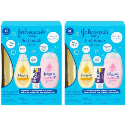 Johnson's First Touch Baby Essentials Gift Set with Body Wash & Shampoo, Body Lotion, & Zinc Oxide Diaper Rash Cream for Baby's Delicate Skin, Hypoallergenic, No Parabens or Dyes, 3 Items (Pack of 2)