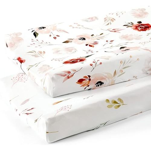 GRSSDER Stretch Ultra Soft Jersey Knit Changing Pad Cover Set 2 Pack, Change Table Pad Covers Fit 32"/34" x 16" Pads Safe and Snug, Pretty Watercolor Rose Flora for Baby Girls, Orange Pink