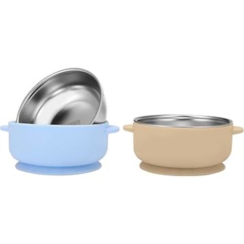 2 Pack Stainless Steel Baby Bowls with Removable Non-Slip Silicone Suction Shell, Anti Scald Food Container for Baby Food Feeding-Skyblue & Cream