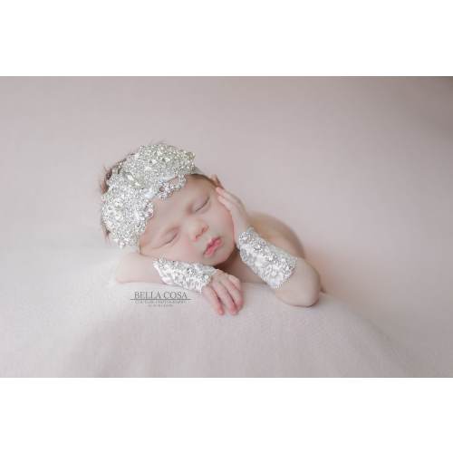 Newborn Rhinestone Headband & Lace Cuffs, Baby Photo Prop