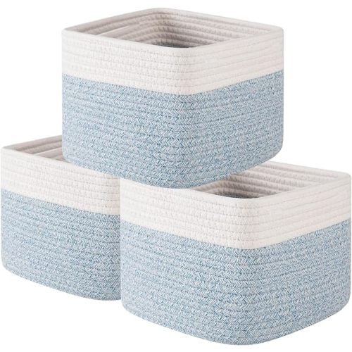 OIAHOMY 9”x9”x7” Storage Cubes, Cotton Rope Woven Baskets for Organizing, Cube Storage Bin, Small Gift Basket for Shelf, 3-Pack, Blue&White