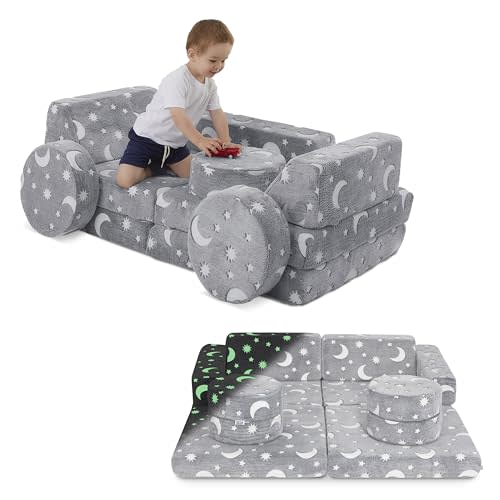 Evolur 12 Pcs Lunox Kids Play Couch in Grey, Bedroom and Playroom Furniture for Toddler, Unique Glow in The Dark Feature, Machine Washable Cover, Convertible Foam and Floor Cushion