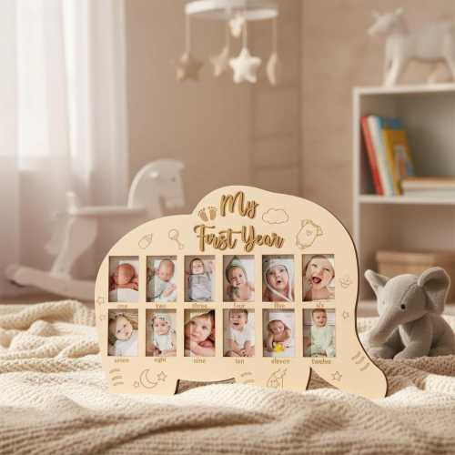 My First Year Baby Photo Frame Elephant, Personalized Baby Gift, Newborn Keepsake Picture Holder, Baby Shower Present, Nursery Décor