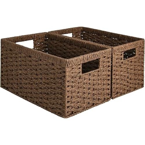 StorageWorks Round Paper Rope Storage Baskets, Rectangular Wicker Baskets with Built-in Handles, Medium, 2-Pack