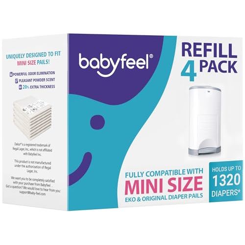 Babyfeel Refills Compatible with DEKOR MINI Diaper Pails | 4 Pack | Exclusive 20% Extra Thickness | Diaper Pail Refills with Powerful Odor Elimination | Powder Scent | Holds up to 1320 Diapers