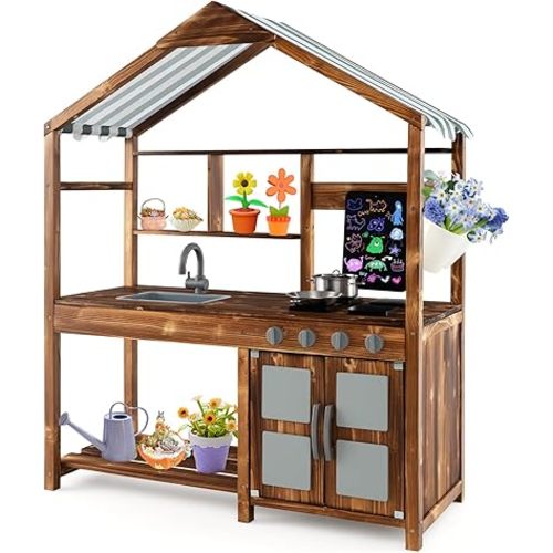 Costzon Mud Kitchen for Kids Outdoor, Wooden Pretend Play Kitchen w/Canopy, Chalkboard, Stove, Removable Sink, Cooking Accessories & Storage, Montessori Toy for Preschool, Backyard, Garden (3+ Years)