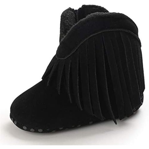 Timatego Baby Girl Cowboy Tassel Boots Side Zipper Non Slip Stay On Booties Infant Toddler First Walker Warm Winter Crib Shoes 3-18 Months