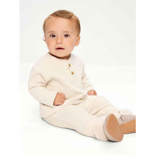 Long-Sleeve Waffle-Knit Henley Top and Pants Set for Baby