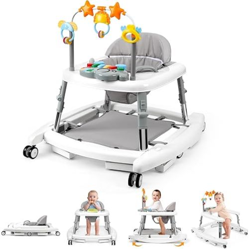 5-in-1 Music and Lights Baby Walker Foldable with 5 Adjustable Heights, Baby Walker with Wheels and Bouncer Combo Portable, Infant Toddler Walker for Baby Boy Girls 6-18 Months