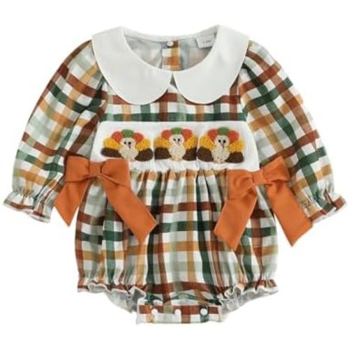 Newborn Thanksgiving Baby Girl Outfit Turkey Embroidery Lapel Collar Long Sleeve Romper Fall Baby Girl Clothes