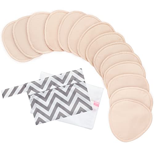 Organic Nursing Pads - 14 Washable Breast Pads for Breastfeeding, Wash Bag, Reusable Nipple Covers for Breastfeeding Essentials, Soft & Absorbent (Bare Beige, L 4.8")
