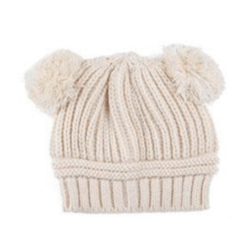 Baby Satin-Lined Poms Knit Hat - Cream