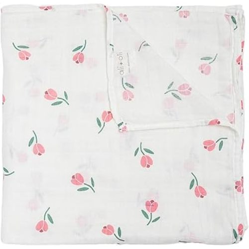 Ali+Oli Muslin Swaddle Blanket for Baby (Tulip) Large 47" x 47" Soft Rayon Made from Bamboo & Organic Cotton, Machine Washable Receiving Blanket Wrap for Newborn to Toddler