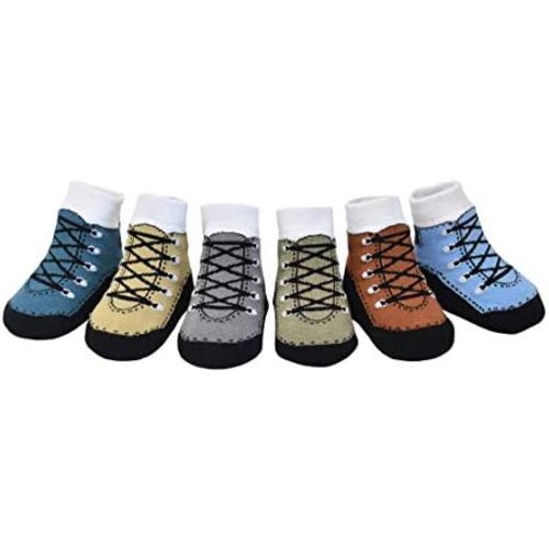 Baby Boy Socks with Sneaker Shoe Look-Non-slip Gripper Soles-3 or 6 Pairs-Cotton-Gift Packaged-Baby Shower-Faux Shoelaces