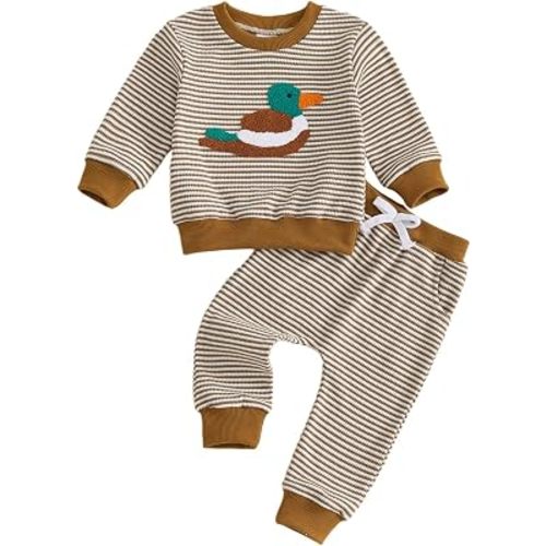 fhutpw Baby Toddler Boy Girl Fall Winter Clothes Embroidery Stripe Pullover Pants Sets Infant Long Sleeve Sweatshirt Outfits