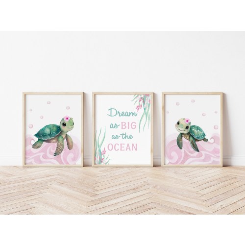 Baby Girl Sea Turtle Nursery Wall Art, Under the Sea Art - Set of 3 Ocean Nursery Art Prints, Sea Turtle Wall Art Set of Digital Prints 562