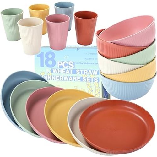 18PCS Wheat Straw Dinnerware Sets Unbreakable Reusable Dinnerware Set for 6, Microwave Dishwasher Safe Dinnerware Dinner Outdoor Camping Dishes