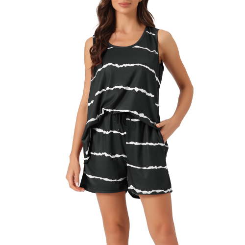 INSPIRE CHIC Women's Pajama Sets Striped Round Neck Sleeveless Tank Top with Shorts 2 Piece Sleepwear L Black