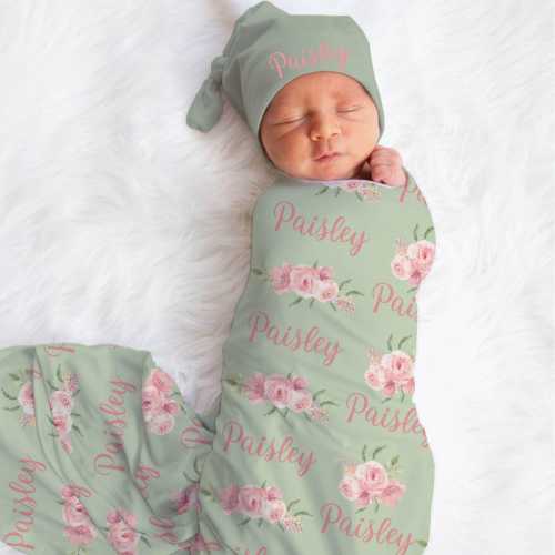 Pink Rose BABY NAME Swaddle Blanket, Sage Green and Pink watercolor florals, Personalized Toddler Girl Blanket, Sage Green Nursery Decor