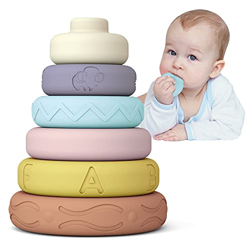 Tudou 6 PCS Baby Girl Stacking & Nesting Toys, Soft Stacking Blocks Ring Stacker, Baby Sensory Teethers with Letter, Animal and Shape, Early Learning Toys for Babies & Toddlers 6 Months
